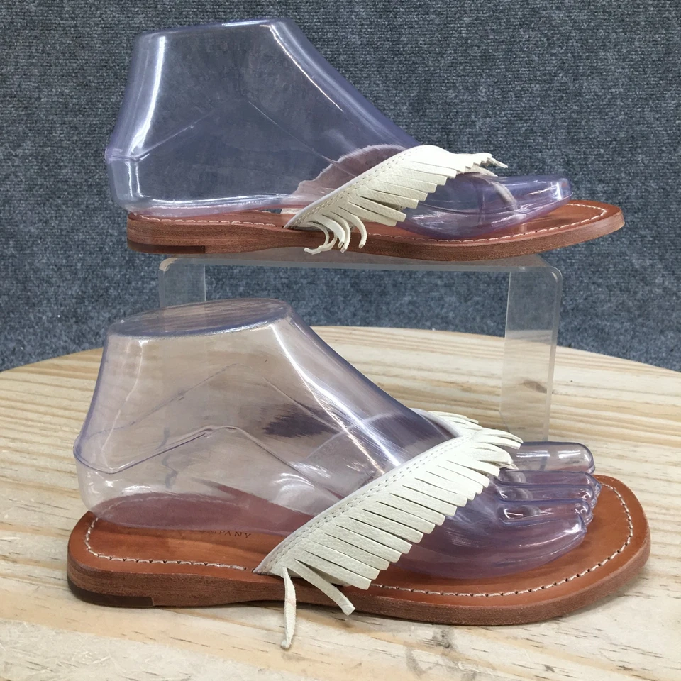 Sandalias The Frye Company para mujer 6 M blancas tanga cuero flecos puntera planas Foto 2 de 4