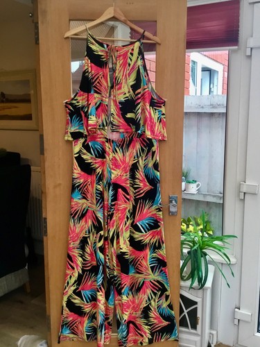 V By Very Summer Wide Leg Black Multi Palm Leaf Tropical Print Jumpsuit Size 18 - Picture 4 of 8