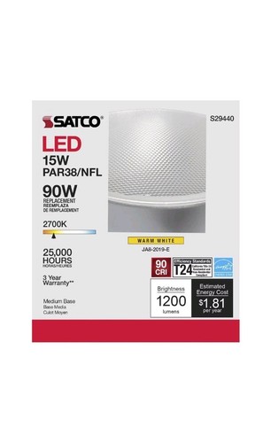 Satco S29440 - 15 Watt PAR38 LED Light Bulbs - 2700K - 3 Pack 90w - Picture 5 of 6
