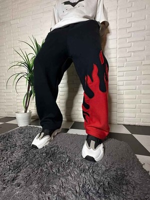 Tekken 8 Jin Flame Pants | Red & Black Streetwear Trousers | Baggy Trouser