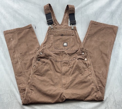 Berne Unlined Washed Duck Bib Overalls Men's 34x32 Brown Workwear B1068BB SHORT