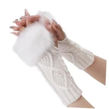 2 Pairs Furry Fingerless Gloves Arm Warmers Fluffy Winter Knitting Soft White
