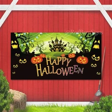 Happy Halloween Banner with Pumpkins and Haunted House