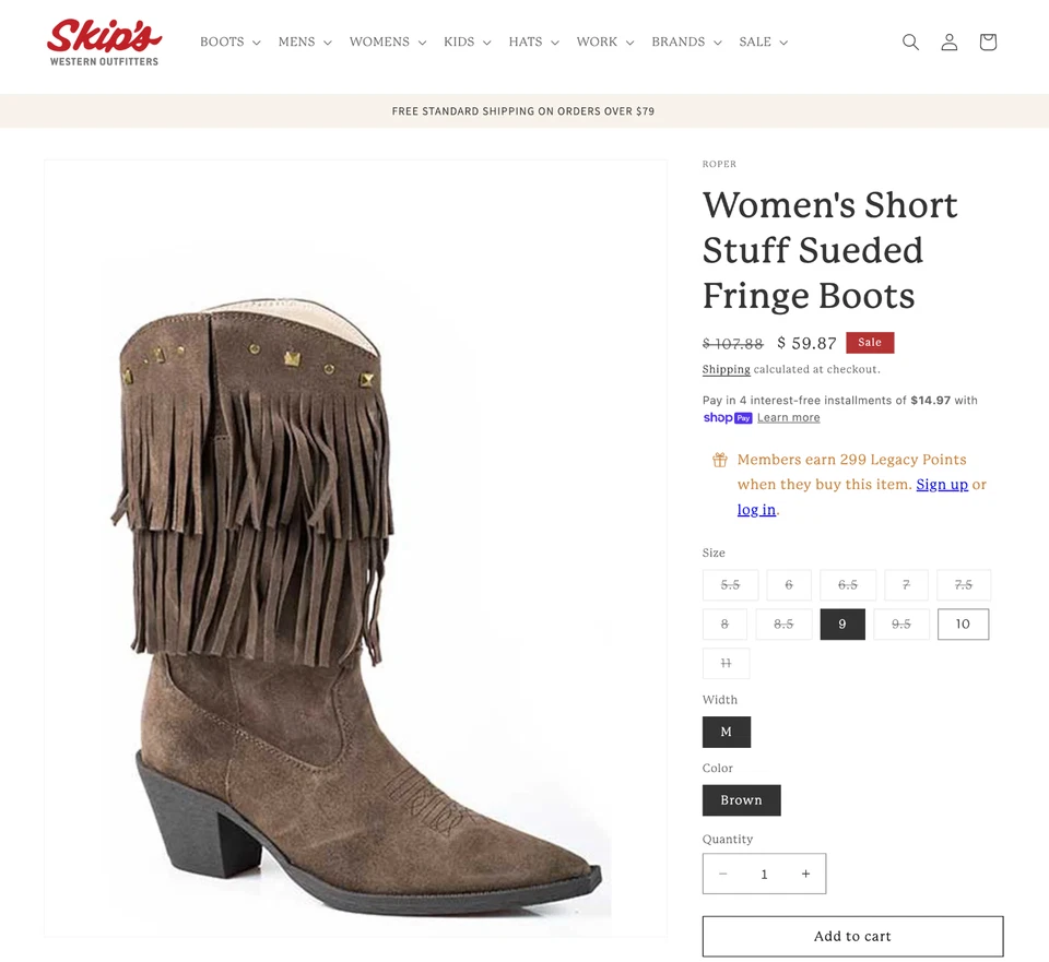 Botas Roper Short Stuff de gamuza con flecos para mujer talla 8,5 marrón 11" precio de venta sugerido por el fabricante 108 USD Foto 2 de 4