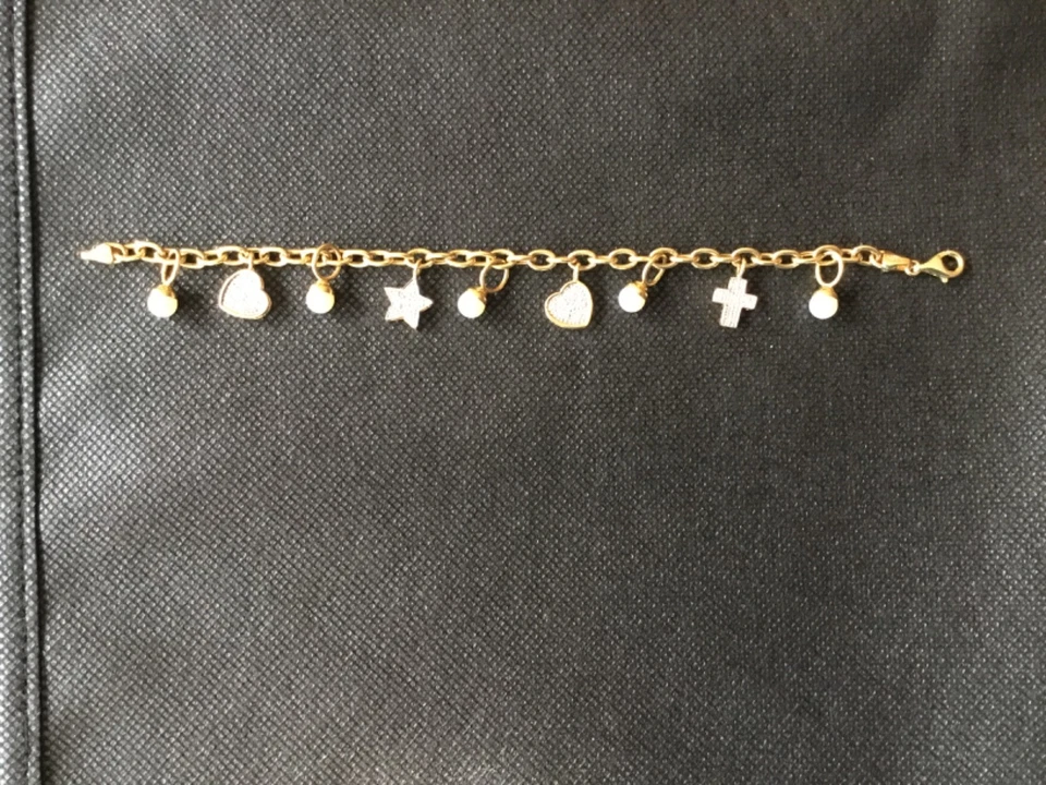 Wunderschönes Armband GG/WG 585 mit Anhänger Herzen, Kreuz, Stern, Perlen - s.F.