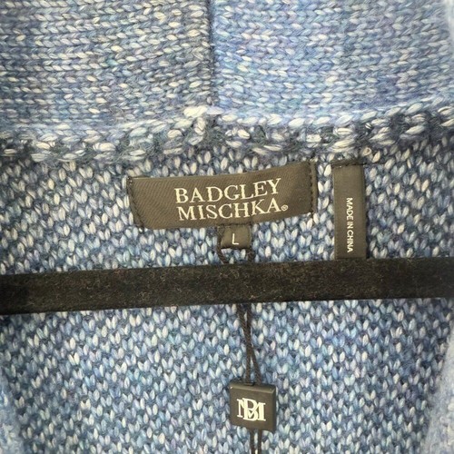 Cardigan lungo Badgley mischka blu nero jacquard maglia scialle cintura frange L nuovo con etichette - Foto 8 di 12