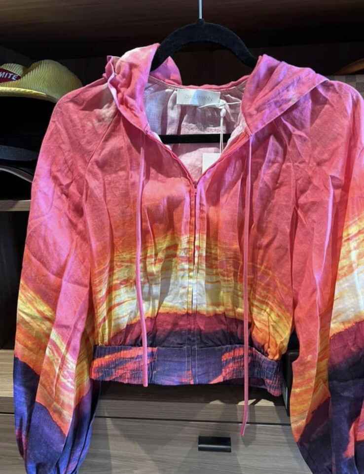 Zimmermann Shelly Printed Cropped Linen Hoodie And Short Set Size