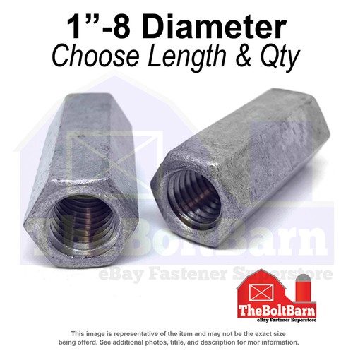 1"-8 x 2-3/4" Steel Coupling Nuts Galvanized Coarse Thread (Pick Quantity) - Picture 1 of 7