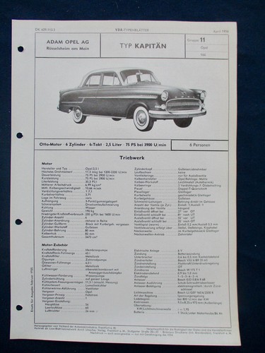 1x Opel Kapitän 2,5 75 PS Prospekt Brochure VDA Typenblatt 4/1956 57