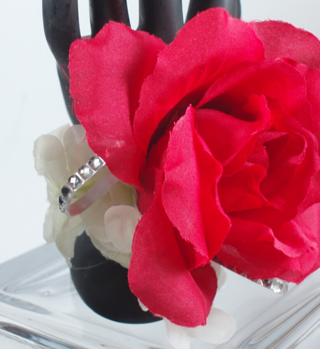 Prom Wrist Corsage & Boutonniere Artificial Red and White Flower Diamond - Picture 6 of 6