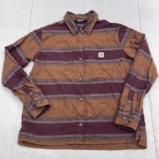 Carhartt Brown Maroon Stripe Rugged Flex Loose Long Sleeve Button Up Womens S