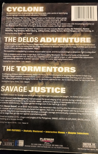 4 DVD Movie BOX Set - Cyclone/Delos Adventure/Tormentors/Savage Justice (DVD) R - Picture 6 of 13