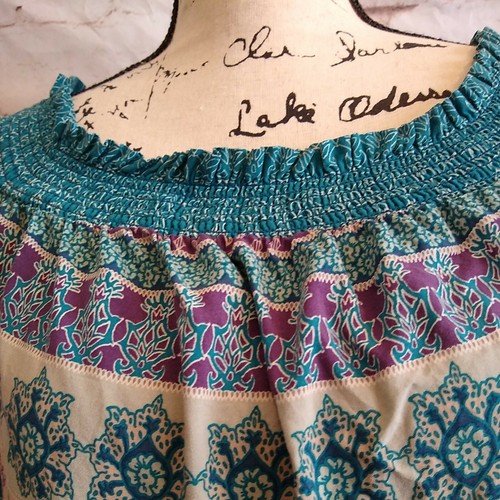 Beach Lunch Lounge Medium Shift Dress Turquoise Blue Smocked Boho Loose Casual - Picture 2 of 10