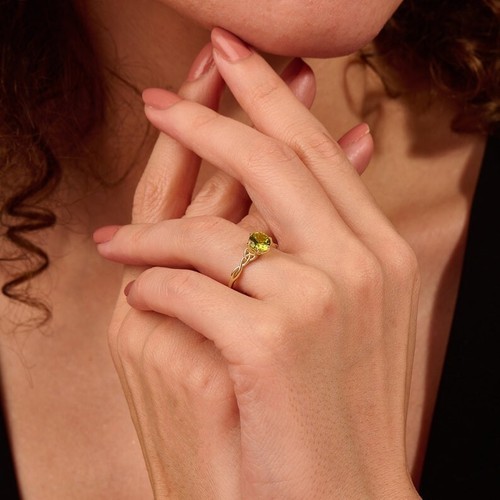 Round Natural Peridot Yellow Gold Plated silver Art Deco Engagement Ring - Picture 2 of 3