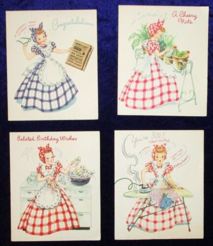 4 Vtg Doehla Greeting CARDS, 4 ¾” x 5 3/4”, 1950s Happy HouseWife w attachments