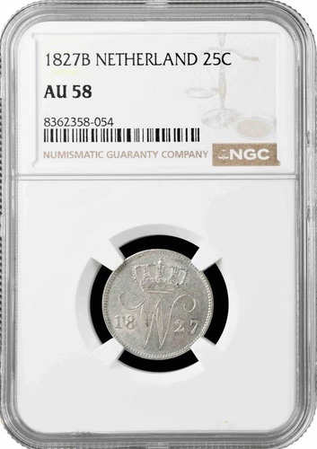 Netherlands 25 Cent 1827 B, NGC AU58, "King William I (1815-1840)" Excellent Pop 1/0