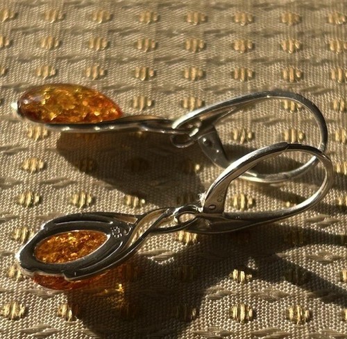 VTG Sterling Silver Amber Drop Earrings Teardrop Cabochon Modernist Dangle Box - Picture 7 of 10