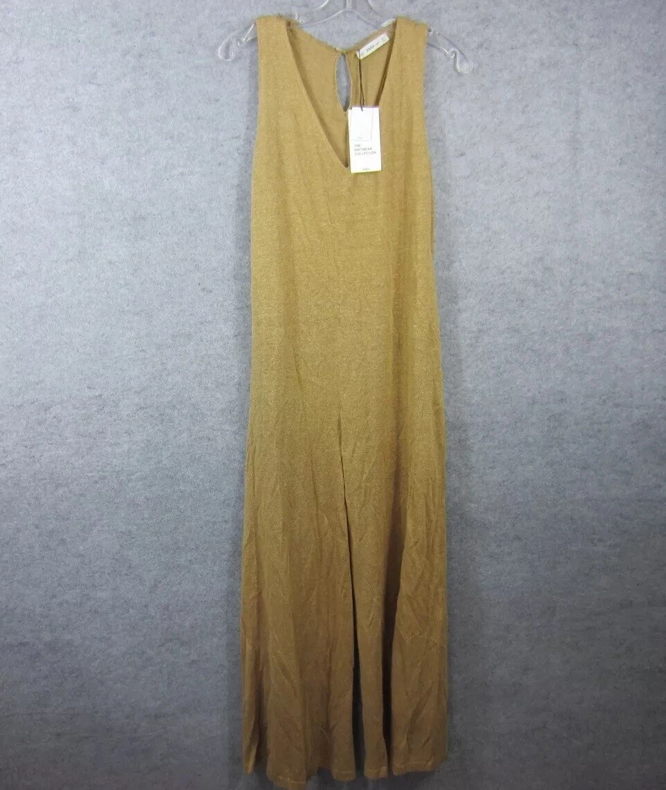 Zara Jumpsuit Womens Medium Beige Gold Knit Sleeveless Wide Linen Blend Neutral