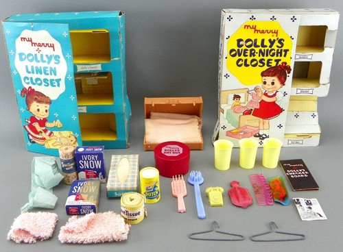 Vintage 1958 My Merry Dolly's Over-Night/Leinenschrank Puppe Spielset & Box Lot