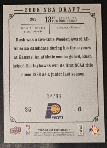 Brandon Rush 2007-08 UD Chronology ROOKIE REDEMPTIONS SILVER Pre-Rookie RC #d/99 - Picture 2 of 2