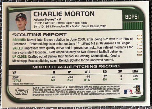 🔥 2008 Bowman Chrome Draft X-FRACTOR #BDP51 Charlie Morton #d /199 🔥 BV $30 - 第 2/2 張圖片