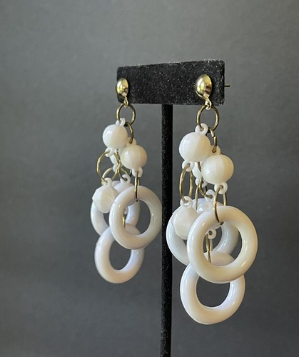 Vintage klobige weiße Creolen Kronleuchter Ohrhänger 3" - Bild 4 von 6