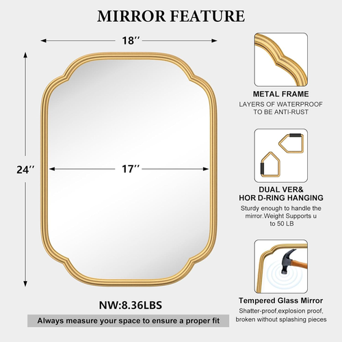 Gold Mirrors for Bathroom, 18" X 24" Rectangular Wall Mirror for Bathroom Metal - Picture 4 of 9