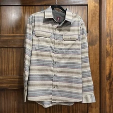 Swiss Tech Mens M Button Shirt Stripe Gray Blue Beige Minimalist Gorpcore Trendy