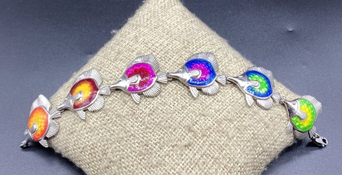 KABANA-Sterling Silver Multi Colored Enamel Tropical Fish Link Bracelet - Picture 5 of 14