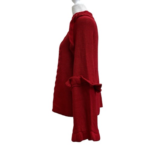 BB Dakota Red Cable Chunky Knit Ruffle Flare Sleeve Sweater sz M Cottage Crochet - Picture 2 of 11