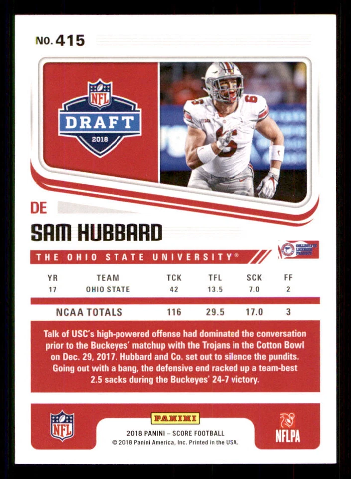 2018 Score #415 Sam Hubbard RC - Image 2 of 2