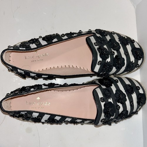 kate spade Leigh 8M Black/White Striped Sheep Nappa Espadrille Flat Sequin $158 - Picture 7 of 8