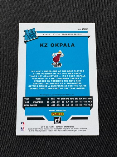 2019-20 Panini Donruss Auto #230 KZ OKPALA Miami Heat RC Rated Rookie - Bild 2 von 2