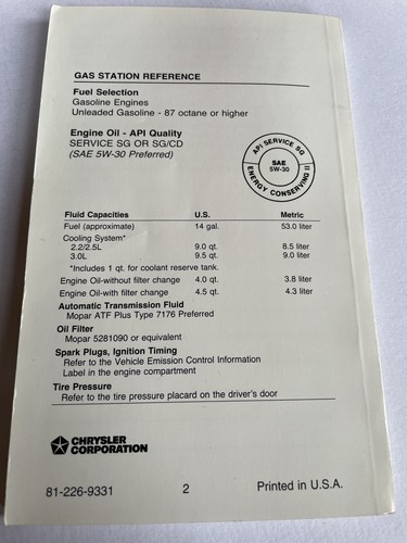 1993 Dodge Shadow Owner’s Manual Operator Guide Chrysler - Bild 2 von 3