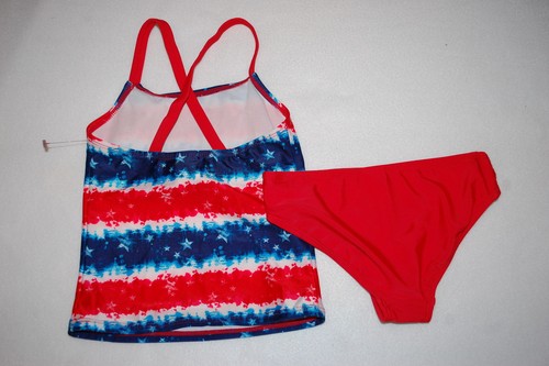 Girls Swimsuit 2 PC TANKINI SET Red White Blue STARS STRIPES Tie Dye Look XS 4-5 - Picture 2 of 2