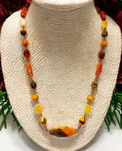 Wood, stone, and glass bead necklace in brown, beige and copper colors. New - Picture 5 of 11