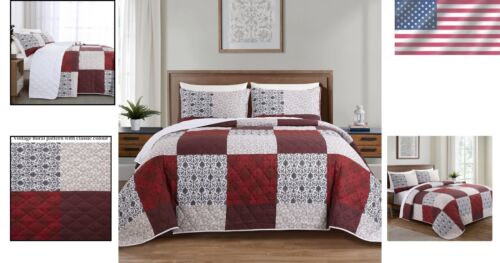 Durable 128x120 King Bedspread 3-Piece Set - Lightweight Floral Patchwork Quilt - Picture 2 of 9
