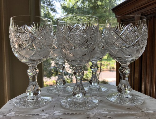 ELMIRA #17 AMERICAN BRILLIANT CUT GLASS WATER WINE GOBLETS (5) C.1903  6 3/4"H - Picture 7 of 18