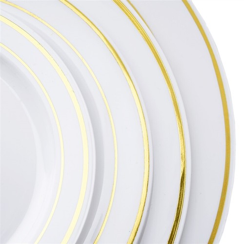 10 pcs Plastic WHITE with Gold Rim 6" PLATES Disposable Party Wedding SALE - Picture 5 of 7