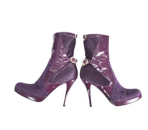 Versace Boots Platform Heels Purple Plum Suede Pony Hair Buckle Logo UK 3 EUR 36 - Picture 16 of 21