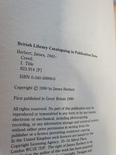 James Herbert CREED FIRST EDITION Hardback (Hodder & Stoughton) 1990 - Foto 5 di 5