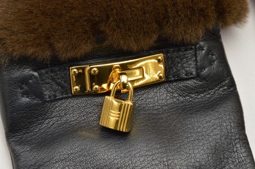 HERMES Kelly Fur Lambskin Gloves Black Silver Hardware Size 6 1/2 - Picture 4 of 14