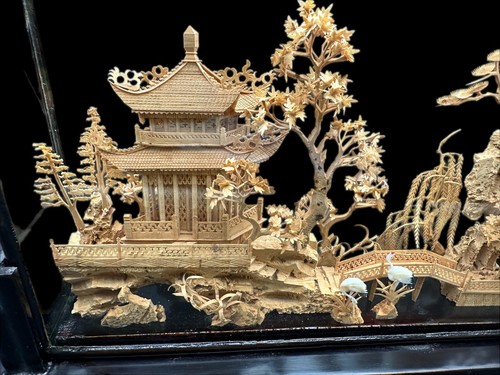 Vintage 20th Century Chinese Cork Diorama Hand Carved in Glass Case Fujian Art - Picture 5 of 24