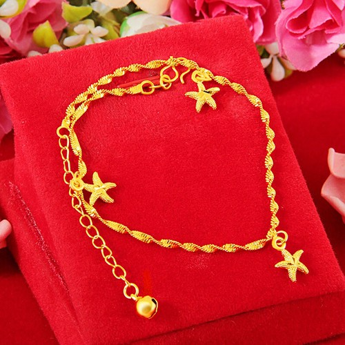18k Gold Filled Over Brass Womens Dangle Starfish Bell Anklet Adjusts 8" To 10" - Picture 5 of 5