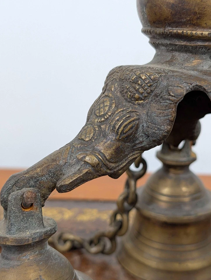 Indian brass ghanta hanging ceremonial temple bells with three elephant heads - Image 3 of 4