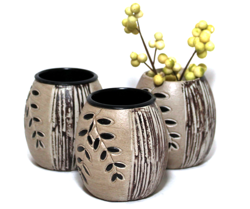 Tea Light Candle Holders Beige Black Carved Leaf Design Set 3 - Picture 2 of 8