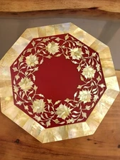 Red Octagonal Stone Tabletop with Mother of Pearl Floral Inlay – Handcrafted Dec