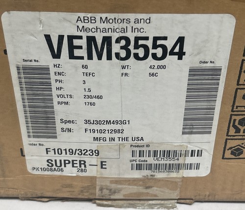 BALDOR,VEM3554,SUPER-E MOTOR 1.5HP 1760RPM 230/460V 3PH 56C FRAME NOS - Picture 6 of 6