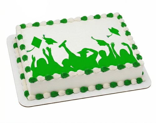 Green Graduation Cap Toss Silhouette Edible Cake Topper Image Frosting Sheet - Picture 1 of 13