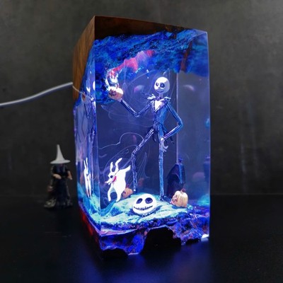 Halloween Resin Lamp: Jack and Ghost Dog, Spooky Handmade Decor, Jack and sally
